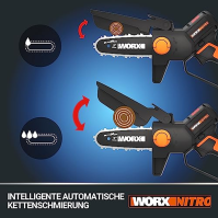 WORX WG325E Nitro Profesionální mini bezdrátová řetězová pila 20 V - Jednoruční větevní pila - Silný bezkartáčový motor - 12 cm 